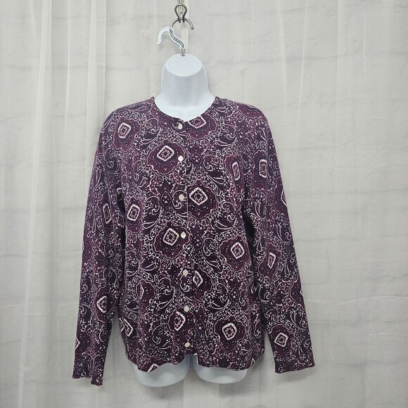 Vintage Lands' End Cardigan Sweater Purple Floral Boho Cotton Preppy Casual L - Picture 10 of 10